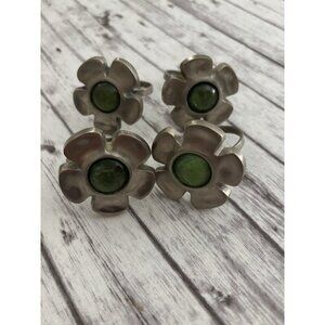 VTG Pier One Pewter Flower Napkin Rings Green Stone Center Set of 4